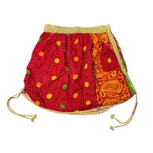 Renew Vintage Kantha Mini Skirt Women Medium Red Orange Patchwork Excellent Boho